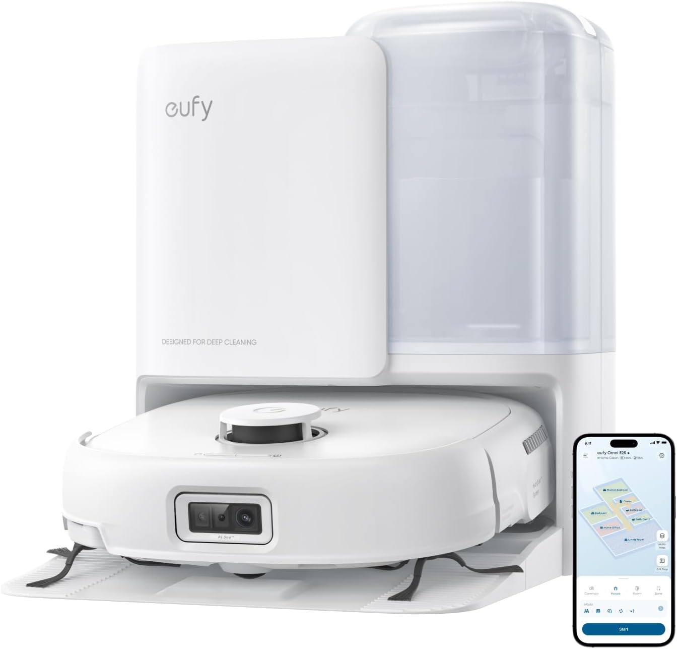 eufy Robot Aspirador Omni E25, Sistema HydroJet, succión Turbo de 20.000 Pa, cepillos desenredantes DuoSpiral, Brazo CornerRover, estación Todo en uno.