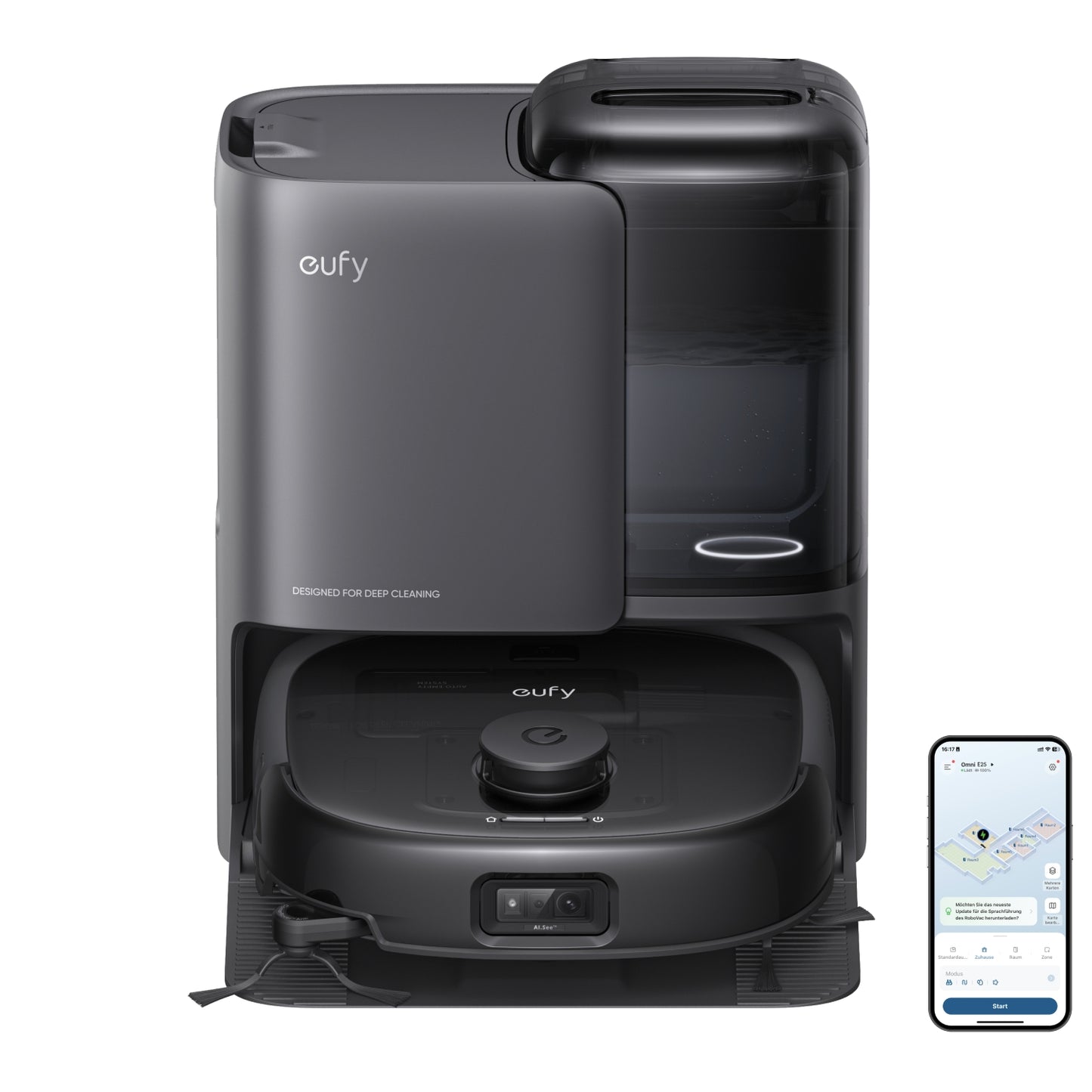 eufy Robot aspirador Omni E25, aspirador quitamanchas portátil, sistema HydroJet, succión turbo de 20.000 Pa, cepillos desenredantes DuoSpiral, brazo CornerRover, estación todo en uno.