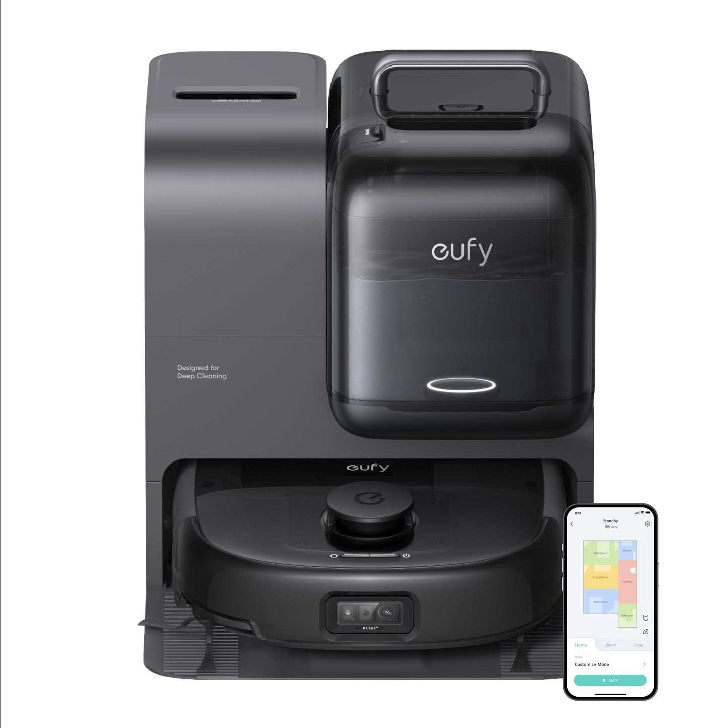 eufy Robot aspirador Omni E28, aspirador quitamanchas portátil, sistema HydroJet, succión turbo de 20.000 Pa, cepillos desenredantes DuoSpiral, brazo CornerRover, estación todo en uno.