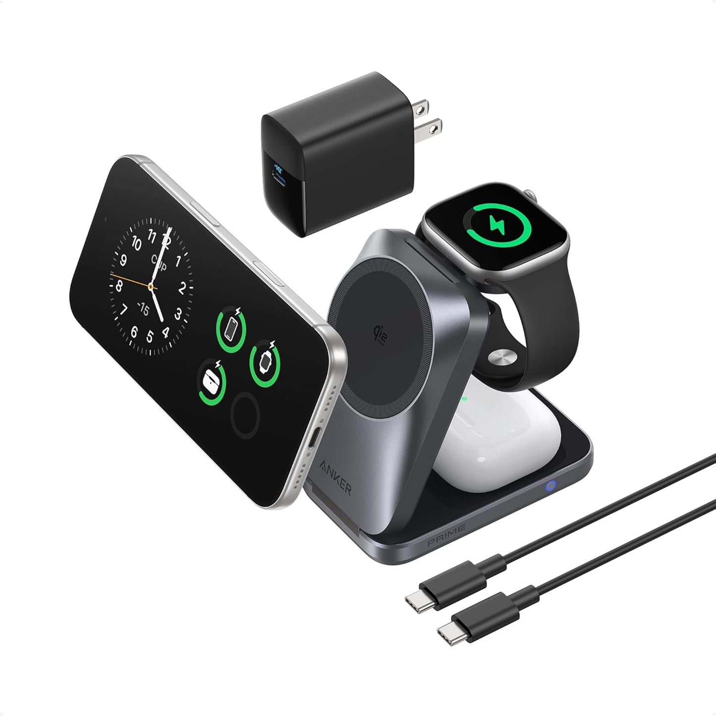 Anker Prime Cargador Inalámbrico iPhone 3 en 1 Plegable Qi2.2 25W, AirCool
