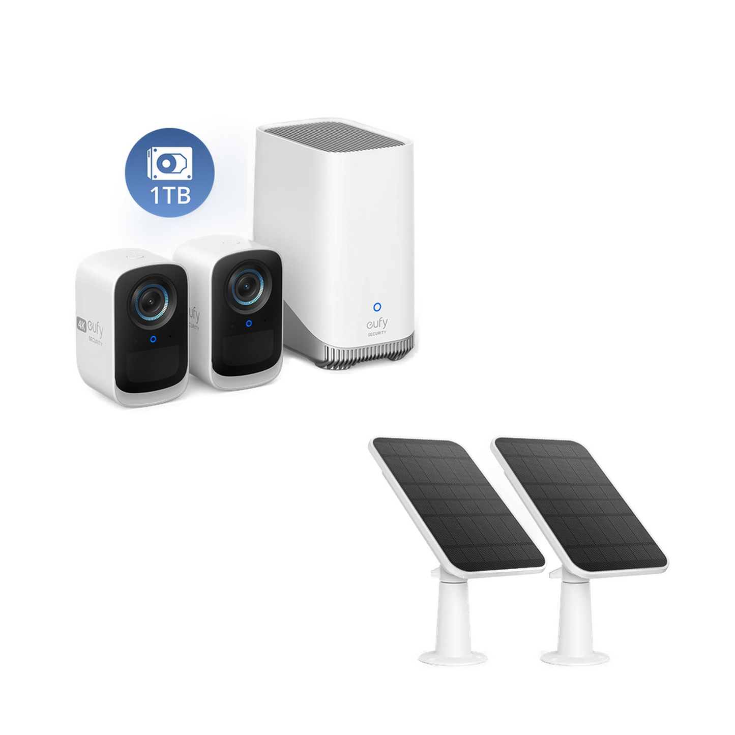 eufyCam S300 (eufyCam 3C) + Cargador de Panel Solar (pack de 2) + Disco Duro de 1 TB