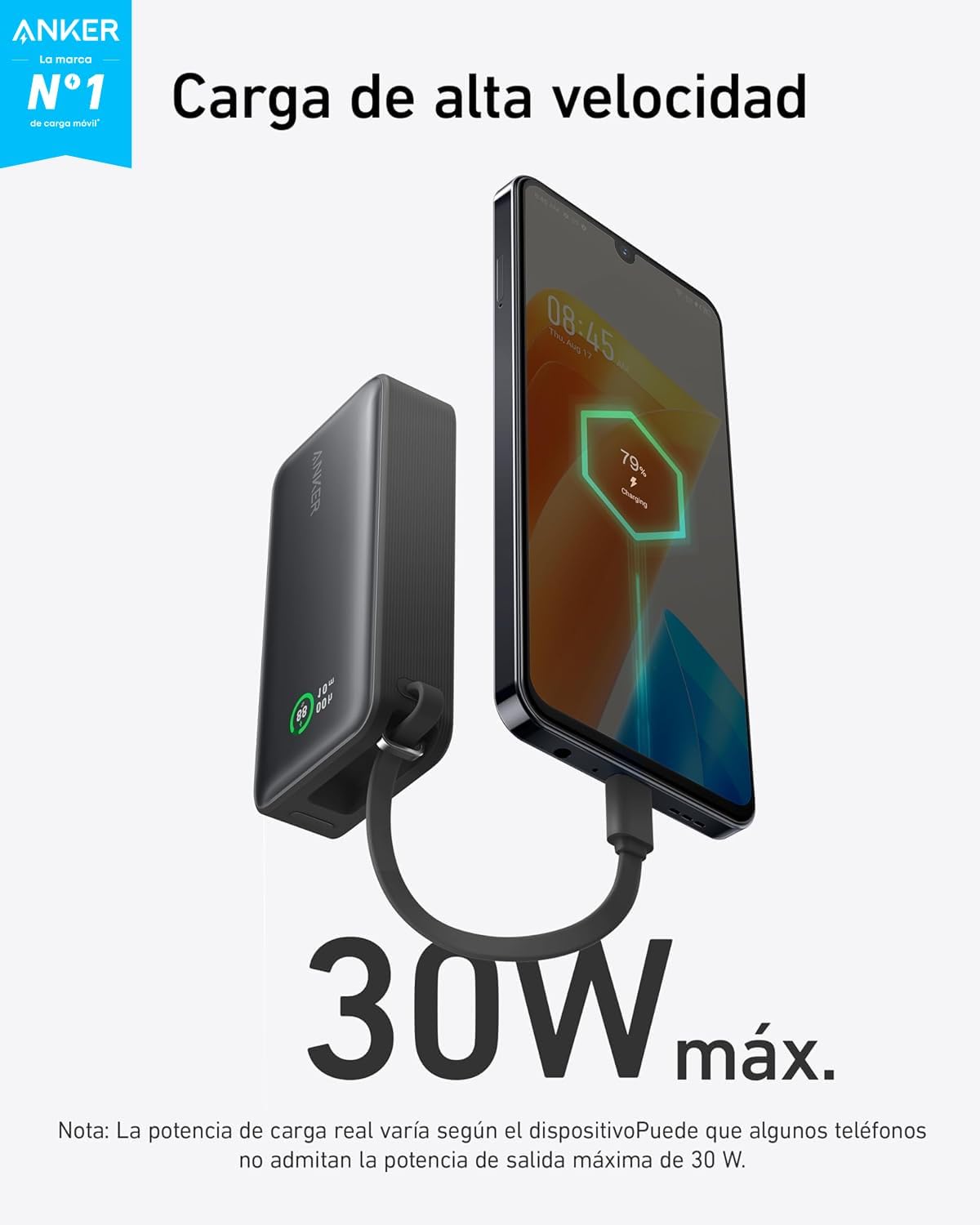 Anker Nano Power Bank 10.000 mAh Powerbank con Cable USB-C Integrado