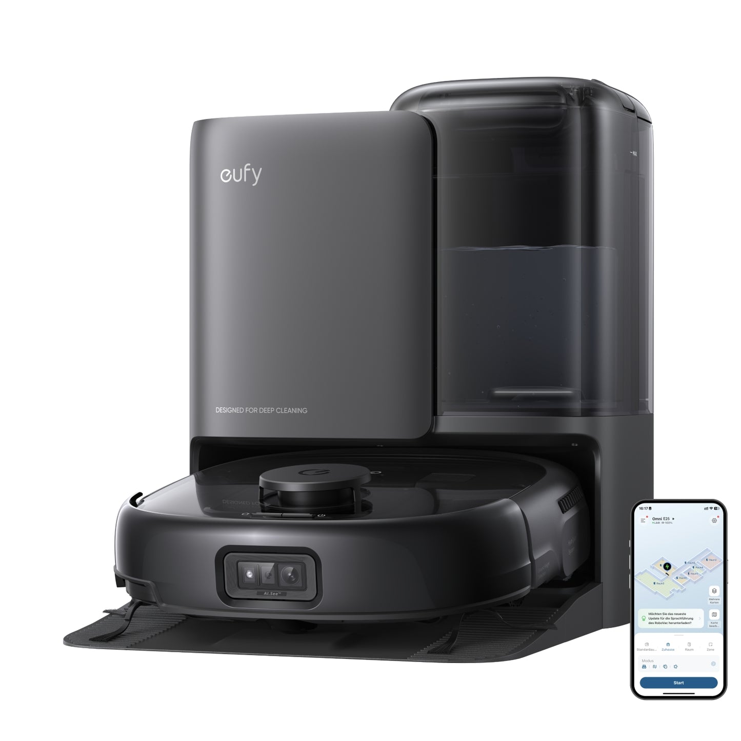 eufy Robot aspirador Omni E25, aspirador quitamanchas portátil, sistema HydroJet, succión turbo de 20.000 Pa, cepillos desenredantes DuoSpiral, brazo CornerRover, estación todo en uno.