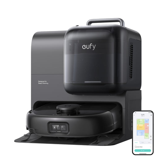 eufy Robot aspirador Omni E28, aspirador quitamanchas portátil, sistema HydroJet, succión turbo de 20.000 Pa, cepillos desenredantes DuoSpiral, brazo CornerRover, estación todo en uno.