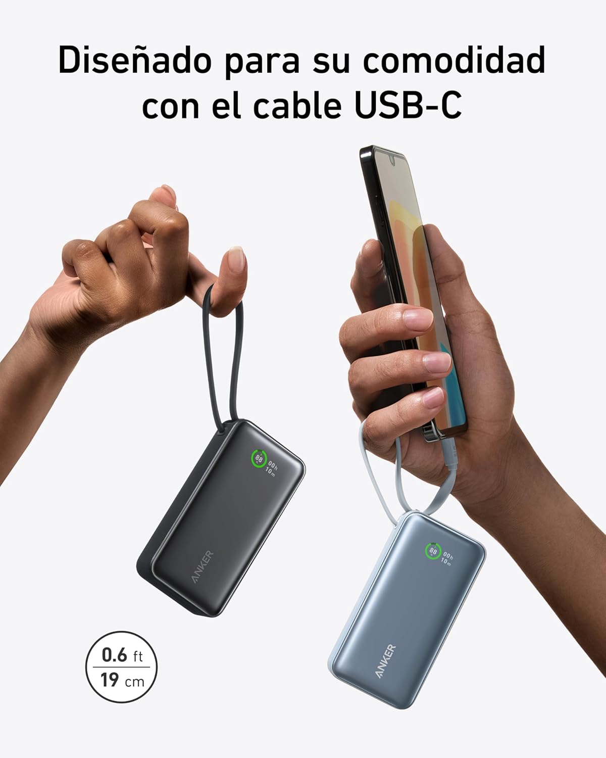 Anker Nano Power Bank 10.000 mAh Powerbank con Cable USB-C Integrado