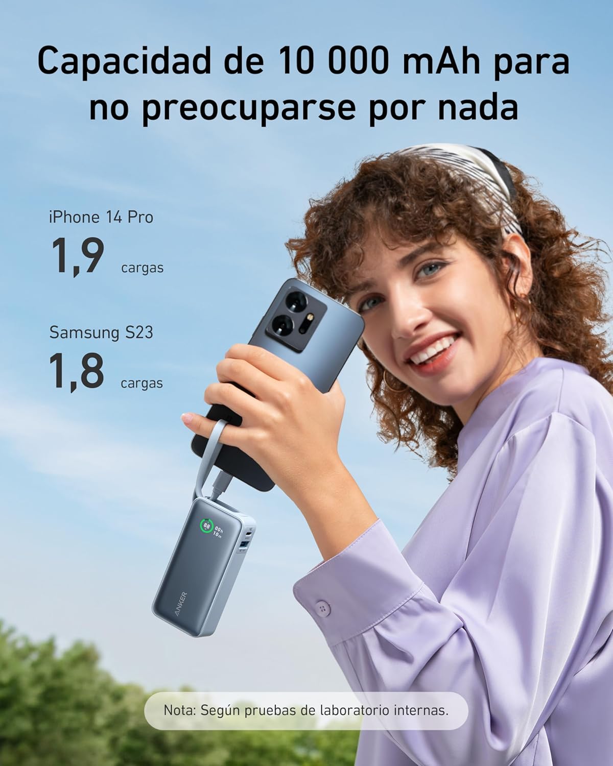 Anker Nano Power Bank 10.000 mAh Powerbank con Cable USB-C Integrado