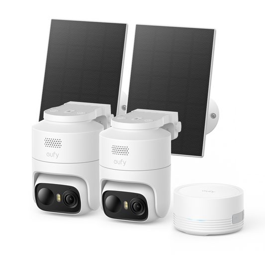 Kit de 2 cámaras eufyCam C37, para exteriores, seguimiento por IA de 360° con giro e inclinación, cámaras solares 2K, HomeBase Mini, reconocimiento facial, sin cuota mensual, visión nocturna en color