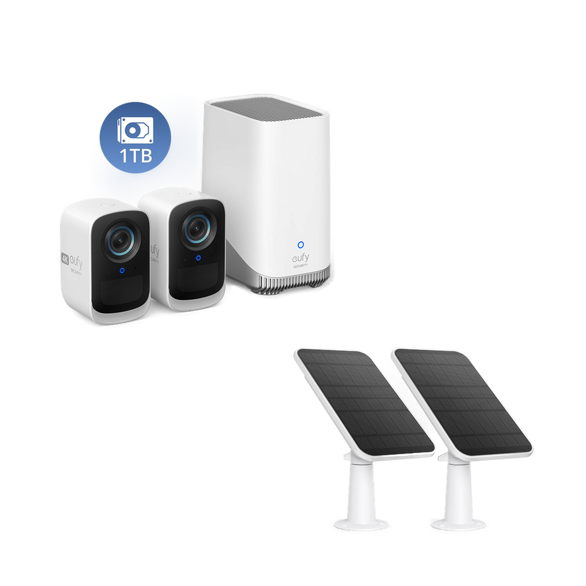 eufyCam S300 (eufyCam 3C) + Cargador de Panel Solar (pack de 2) + Disco Duro de 1 TB